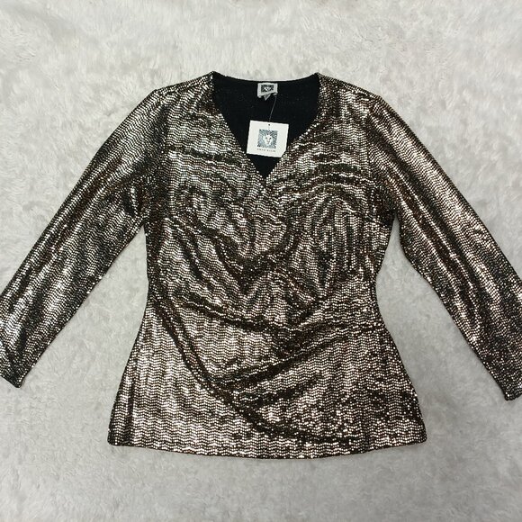 Anne Klein Women's Gold Sequin Deep V Long Sleeve Blouse Size S - Picture 2 of 10